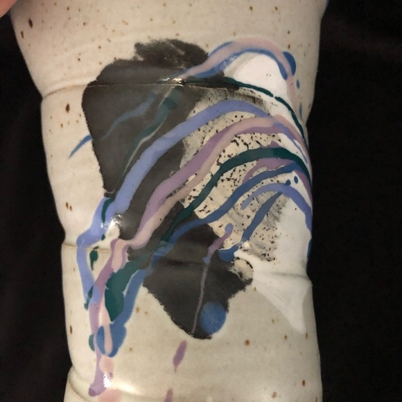 Vintage Artist Signed Cunningham Large Studio Pottery Vase - 1995 Tan Blue Mauve - Picture 11 of 13